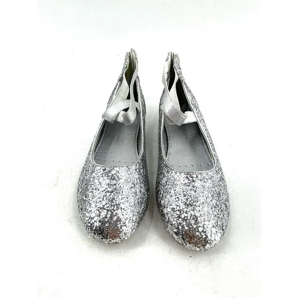Nova Utopia Round Toe Silver Glitter Dress Flats Ankle Strap Zip Shoes Size 3